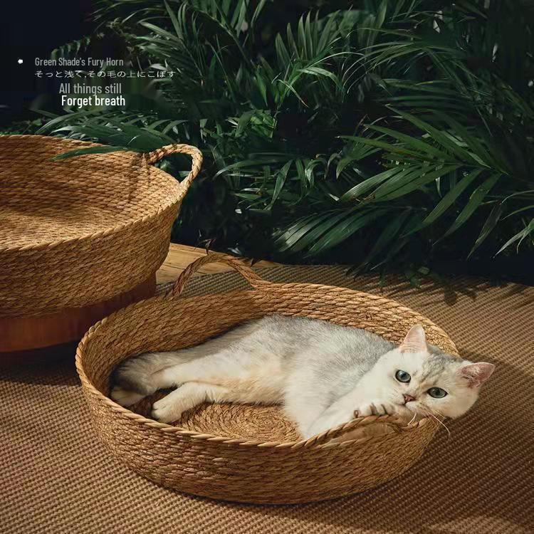 Cattail Woven Cat Bed: Summer Cooling Japanese Style, Scratch Pad, Pet Nest for All Seasons