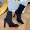 Suede short boots women's winter 2026 new black sexy pointed thin boots waterproof table red sole high heels boots