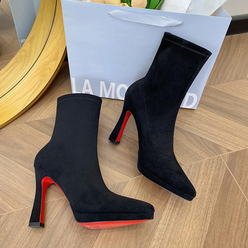 Suede short boots women's winter 2026 new black sexy pointed thin boots waterproof table red sole high heels boots