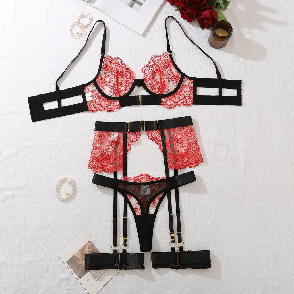 2026 Premium Sexy Women's Intimates Lingerie Set Underwear Floral Embroidery Lace Garter Belt Bra Set Luxury Intimates