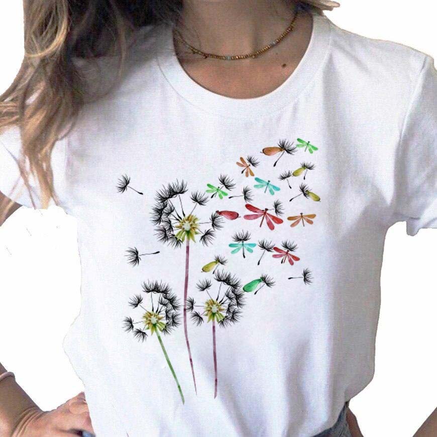 New Dandelion Printed Women T Shirt Cartoon Graphic Printed Black Ladies T-shirt Casual Woman Shirt Funny Tees Shirts