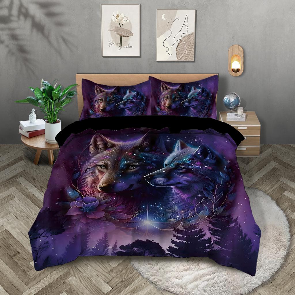 3pcs Wolf at night pattern printed bedding set, 1*duvet cover+2*pillowcase, suitable for king bed, single bed for all seasons