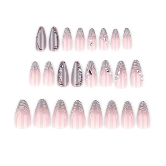 24Pcs Water Ripple Press on Nails for Women Faux Pearl Almond