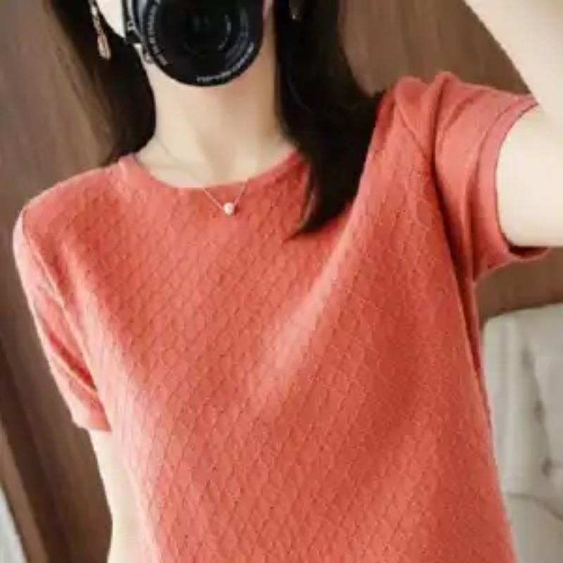 Women's Crew Neck Short Sleeve T-Shirt Rhombus Jacquard Solid Color Loose Casual Basic Top