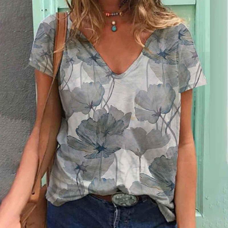 

Женская футболка с цифровым цветочным принтом, V-образным вырезом и рубашкой в стиле ретро-французский шик 5XL