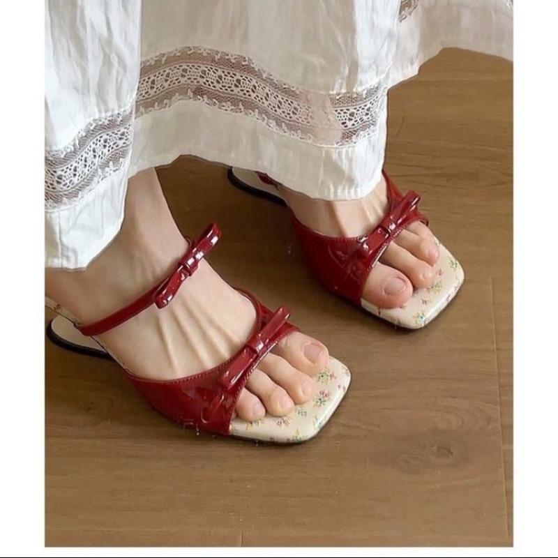 Fashion Women's Wedge Sandals 2025 New Summer Wear Square Head Bow Line with Slippers with Skirt Beautiful French High Heels
