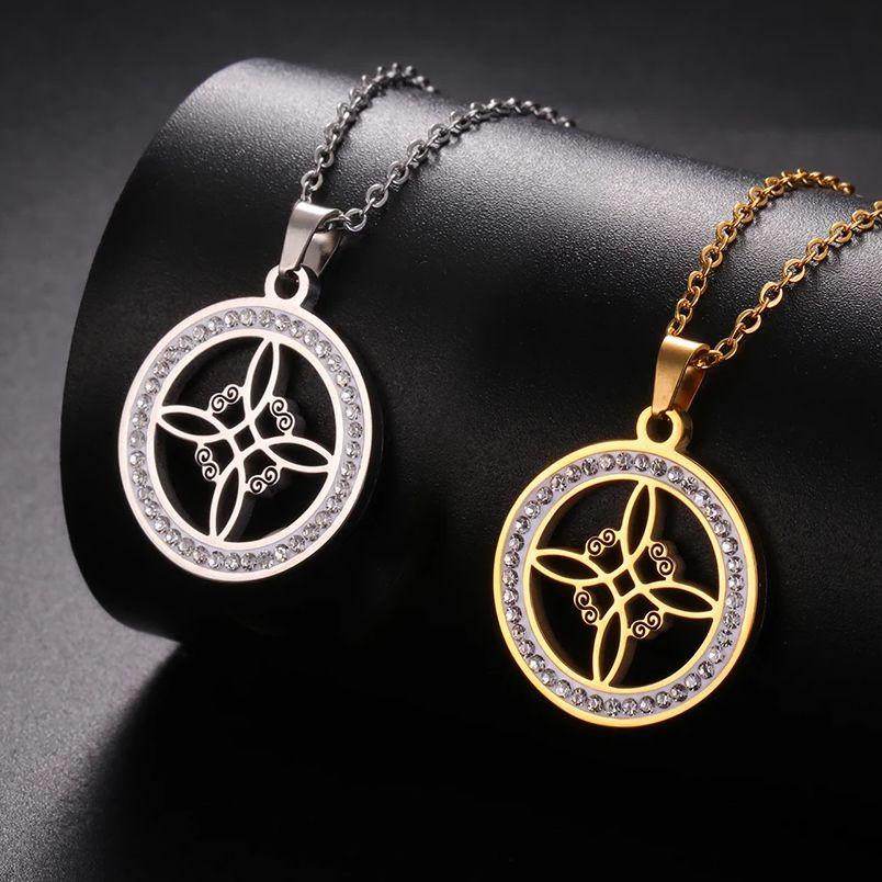 LIKGREAT Stainless Steel Celtic Witches Knot Zircon Round Necklace for Women Men Hot Selling Viking Wiccan Talisman Jewelry Gift