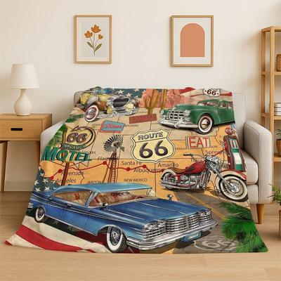 Route 66 Retro America Historic Mother Road Flannel Blanket Soft Throw Blanket for Bedroom Living Room Bed Travel Nap Cover Gift