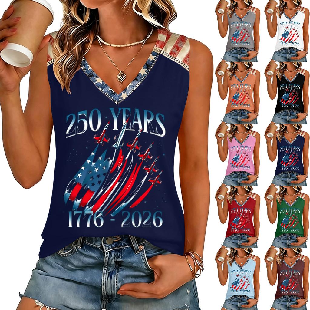 Womens V Neck Casual Short Sleeve Top with 250 Years 1776 2026 Letter Print Loose Fit Lightweight T Shirt for Summer Daily Wear