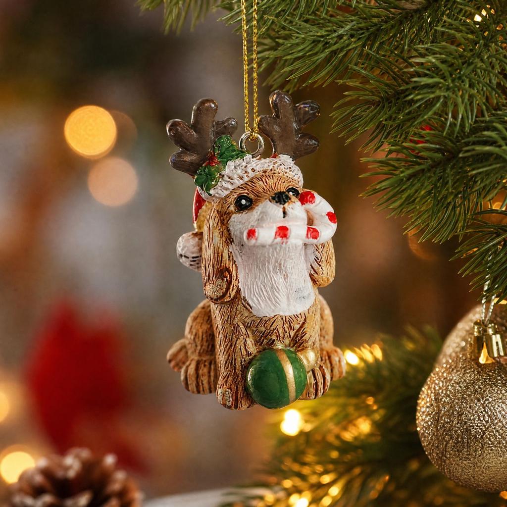Christmas Resin Dog Shaped Ornament with Antlers and Hat, Hanging Tabletop Decoration for Holiday Home Decor