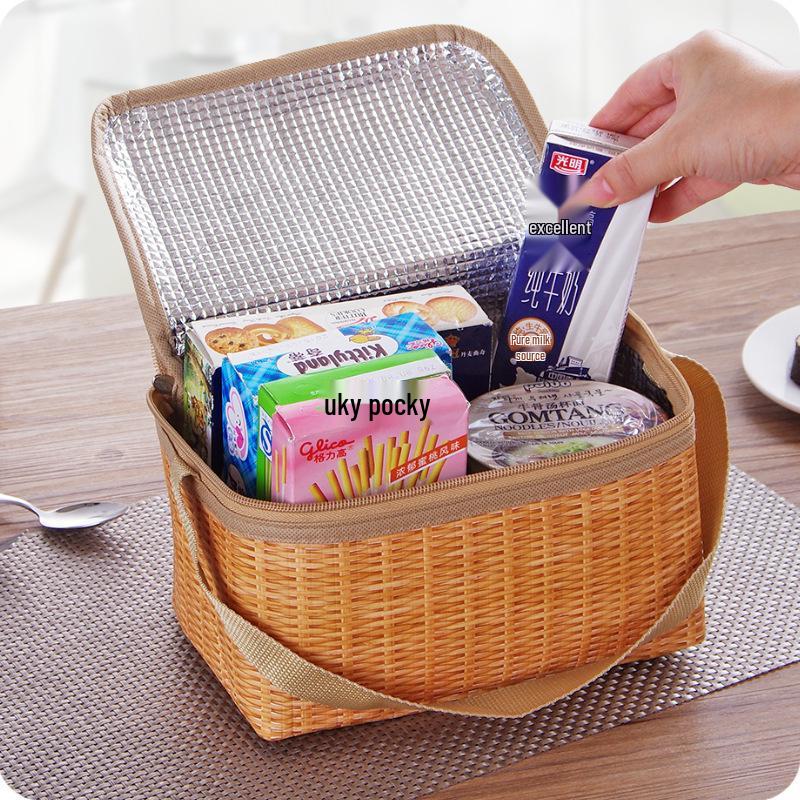 Isolierte Picknick-Bento-Tasche im Weidenkorb-Stil mit Aluminiumfolie