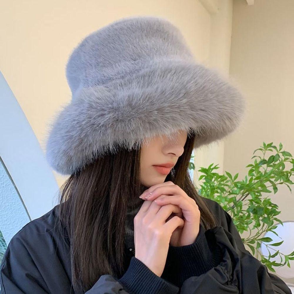 Solid Color Faux Fur Bucket Hat Imitation Fur Luxury Plush Hat Fluffy Fur Fisherman Hat Winter