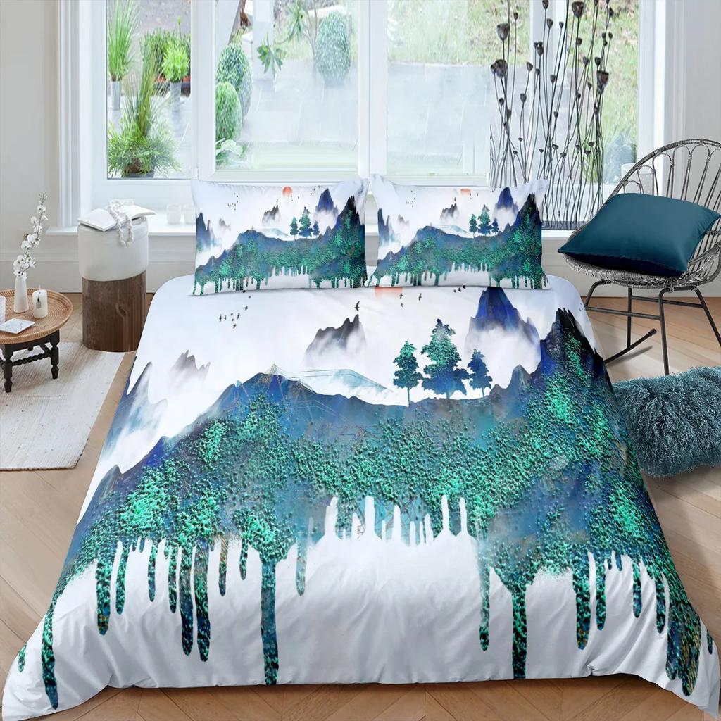 Natural Landscape King Queen Duvet Cover Comic Ink Painting Style Bedding Set Adults Tree Mountain River Polyester Quilt Cover