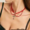 Vintage Gothic Metal Cross Pendant Necklace, Red Imitation Pearl Beaded Collarbone Chain Necklace