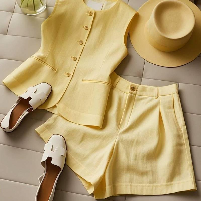2025 Petite Women's European Style Yellow Vest & Shorts Set - Streetwear Summer Outfit
