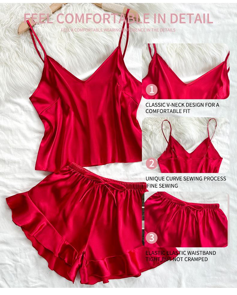 Women's Backless Spaghetti Strap Imitation Silk Pajamas Set - Casual, Fashionable, Sexy Shorts Lounge Wear