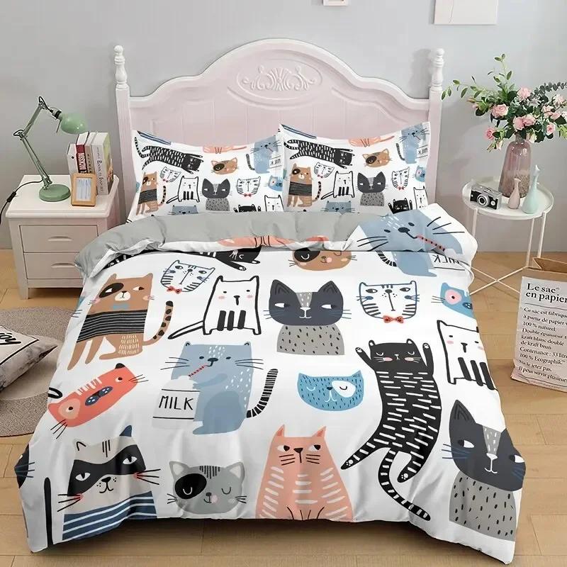 Cat Cartoon Cute Kitten Comfortable Duvet Quilt Cover Pillowcase Bedding Set Children Bedroom Decoration Home Textile