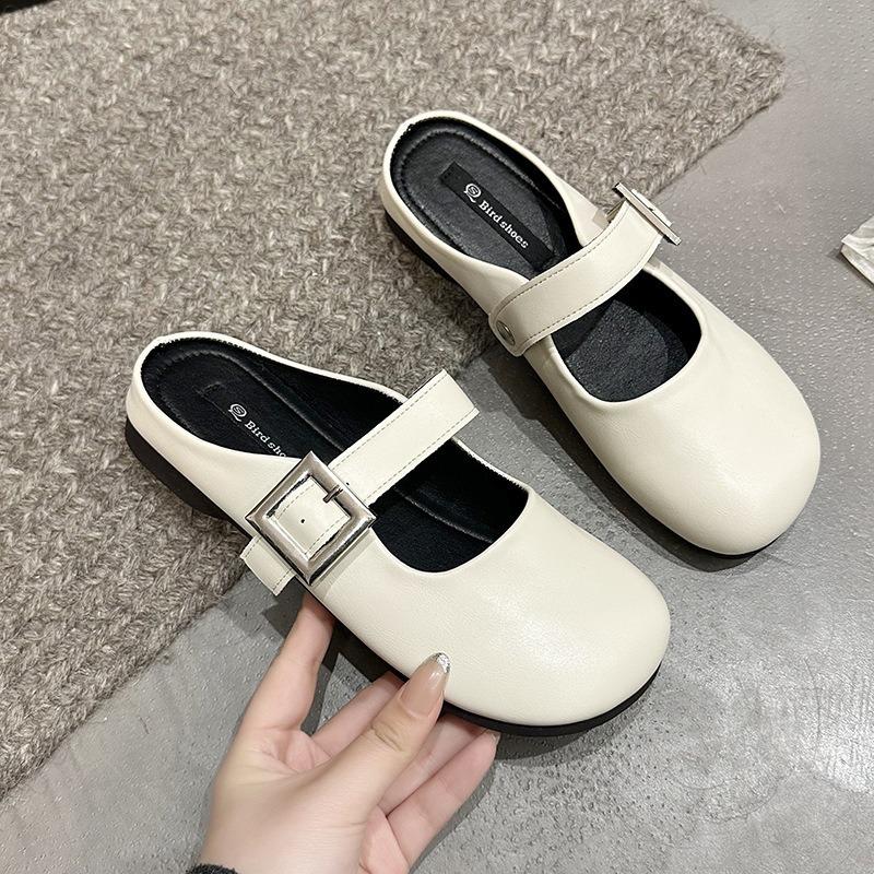 Half drag flat bottom bag head half slippers women's summer outer wear single shoes women's new niche beige