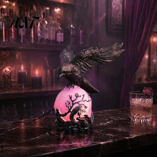 Halloween Home Decoration Gothic Crow Lamp, with Purple Light Ball, Resin Night Light, Matte Black Statue USB Powered Dark Style for