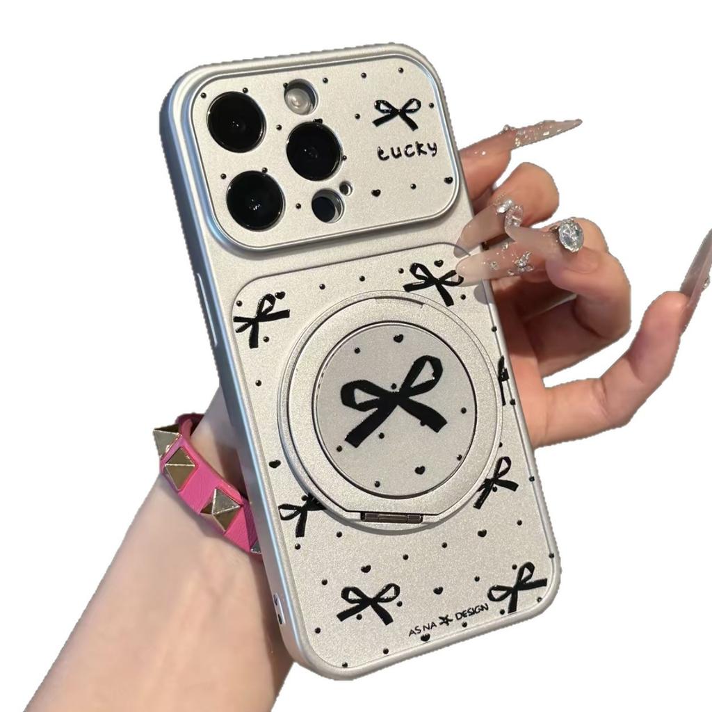 Ins Polka Dot Bow Rotating Bracket Is Suitable for Apple 17Pro Mobile Phone Case IP16/15/14 Electroplating 13 Women 12