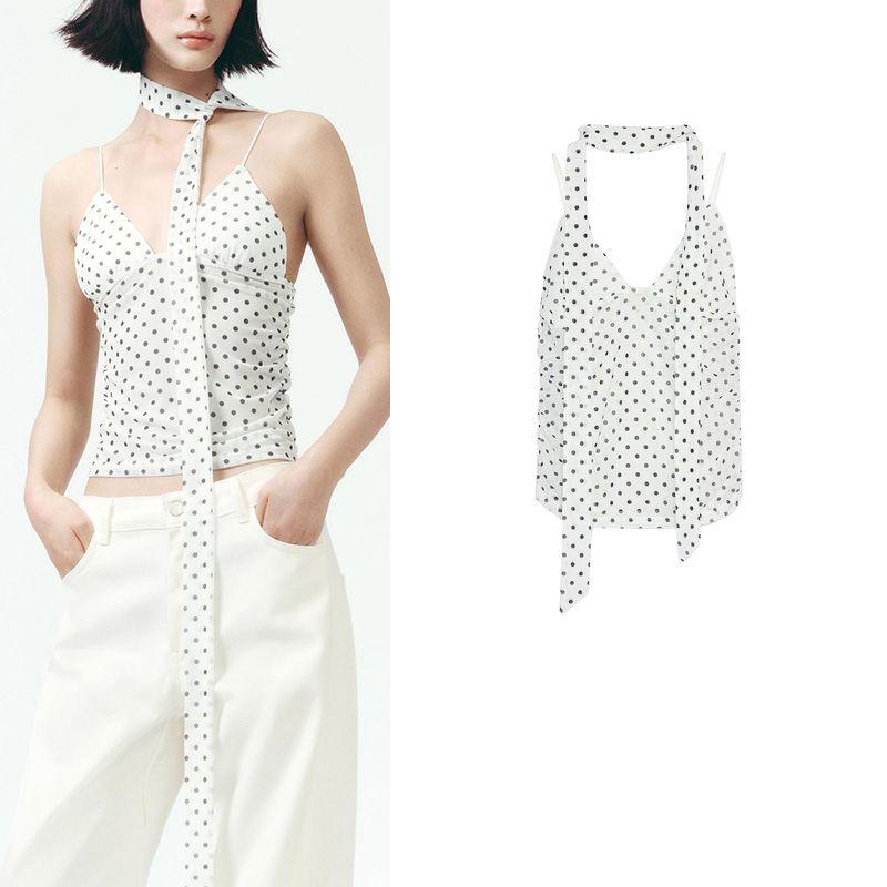 Summer New Product Women's Clothes Minimalist V Neck Sleeveless Scarf with Polka Dot Print French Romantic Tops 0347316