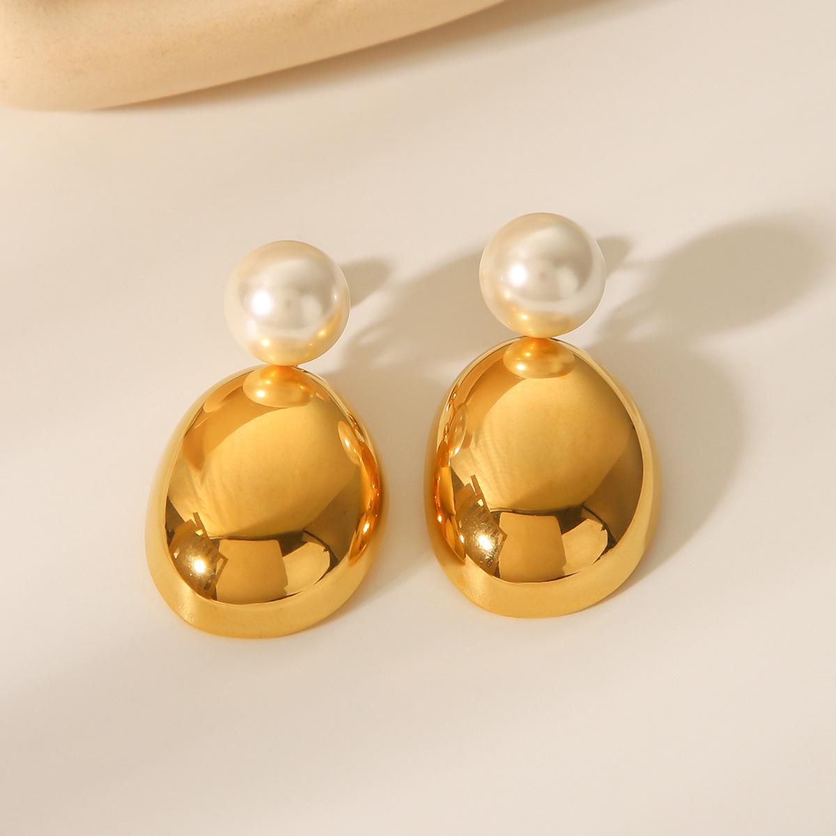 

18k Gold Stainless Steel Earrings with Pearl Studs & Semicircle Pendant