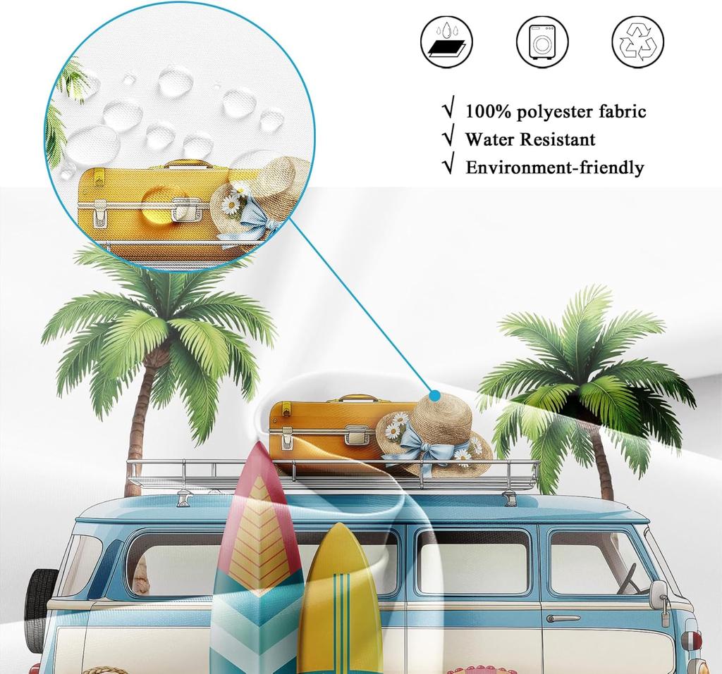 Beach Surf RV Shower Curtain – Tropical Palm Tree & Camping Car Design, Coastal Theme Bath Decor for Men & Boys, with 12 Hooks