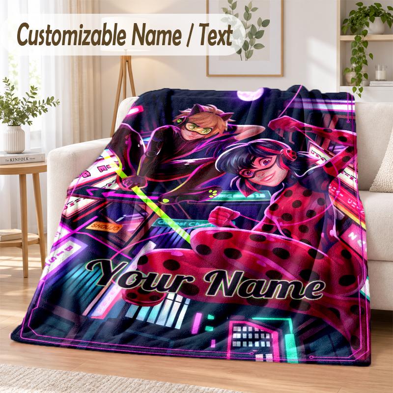 Miraculous Ladybug Custom Name Flannel Throw Blanket Soft Warm for Sofa Bed Indoor Home Use