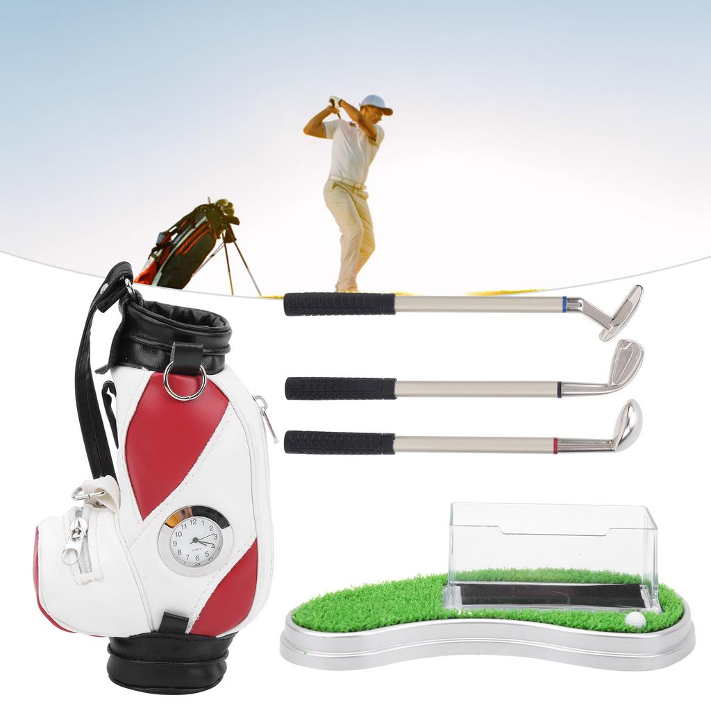 Golf Bag Pen Holder with Clock Card Case Kit for Desk Decoration Golf Gift for Golfer Fans