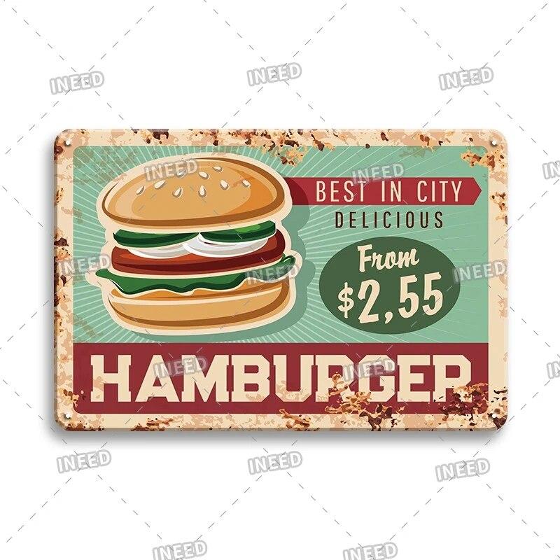 Burger Sign Best in Town 100% Beef BBQ Vintage Decor Hotdogs Kitchen Decorations Wall Plaque Retro Decor Vintage Food Sign