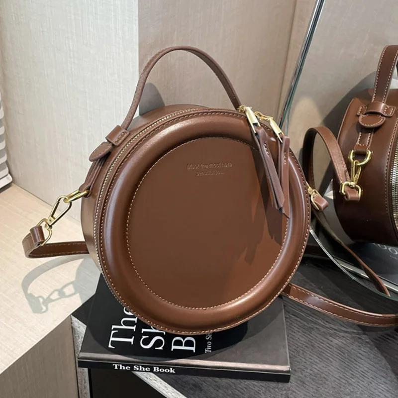 Solid Crossbody Bag For Women Round Small Handbag Women Designer Bags Leather Shoulder Bag Female Zipper Purse
