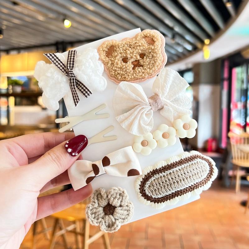 9Pcs/Set Korean Hair Clip Cute Plush Bear Knitting Hair Clips For Girls Bow Flower Hairpins Barrettes Kids Baby Hair Accessories