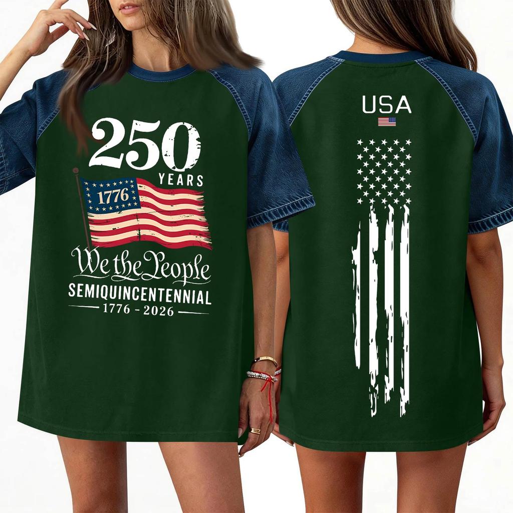 Women's Denim Patchwork Top, Casual Short-sleeved Comfortable T-shirt, Fashionable For Spring And Summer.