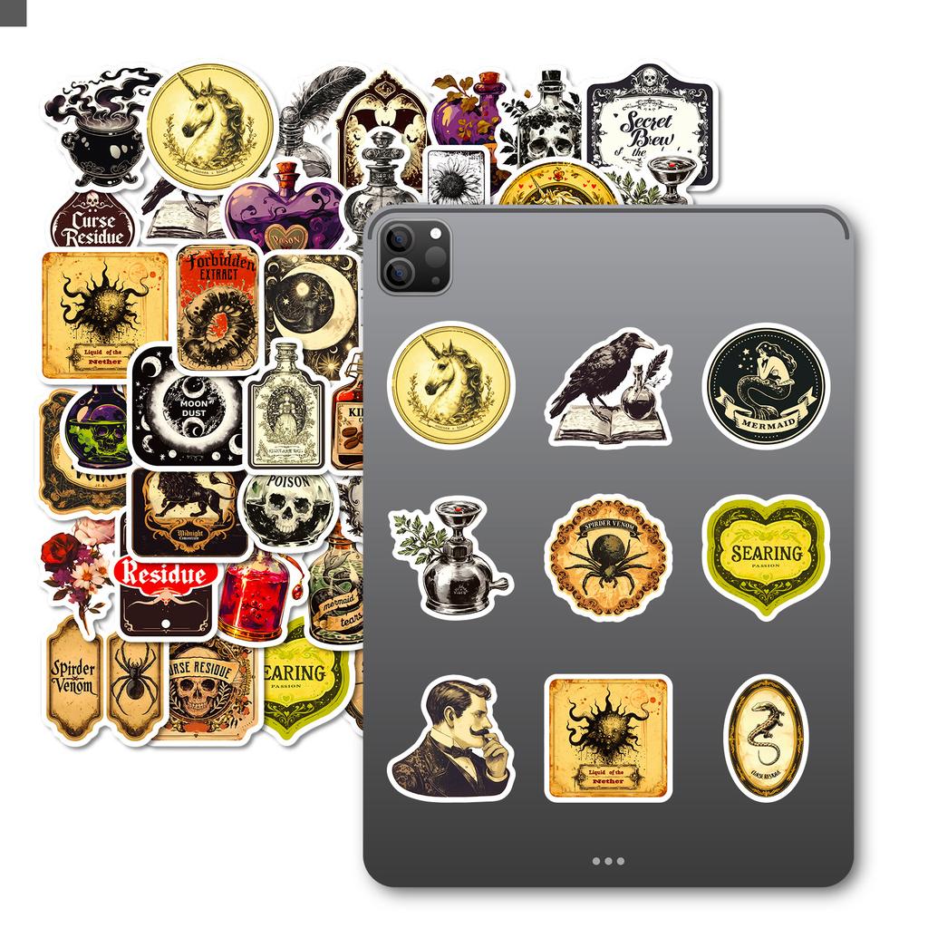 50PCS European Retro Gothic Apothecary Stickers, Creative Graffiti Decals for Laptop, Skateboard & Decoration