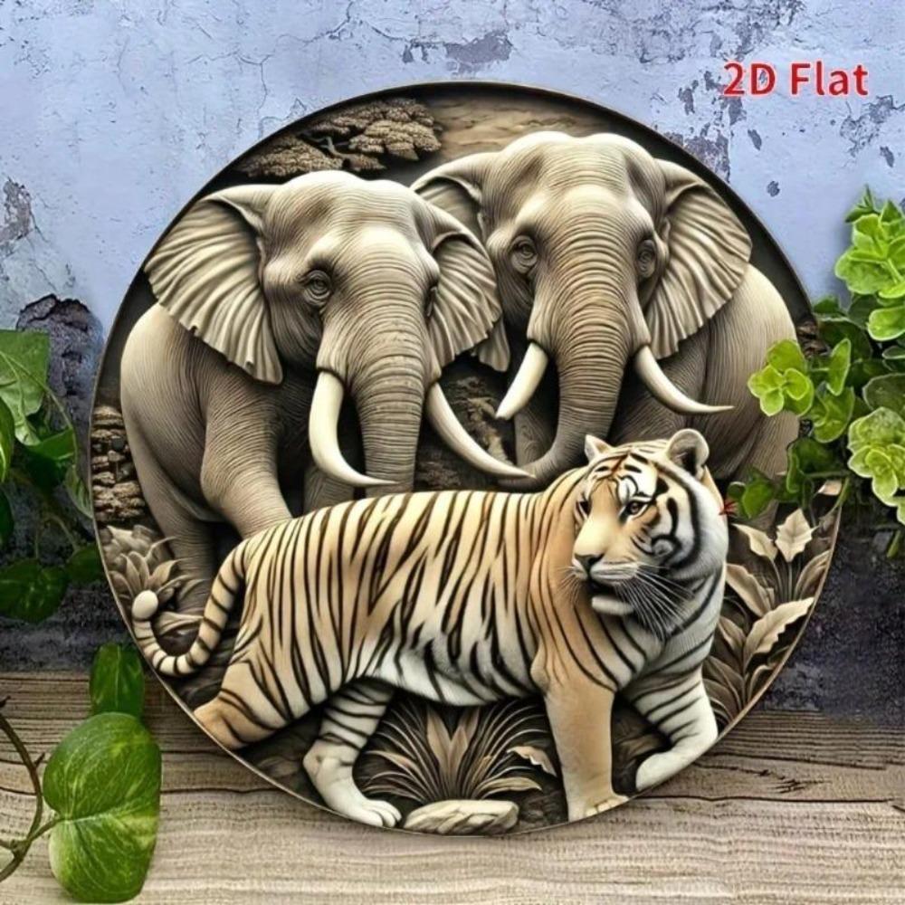 Vintage Metal Wall Art Round Iron Sign Elephant Tiger 8x8 Inch UV Coating Indoor Outdoor Decor Easy Hang