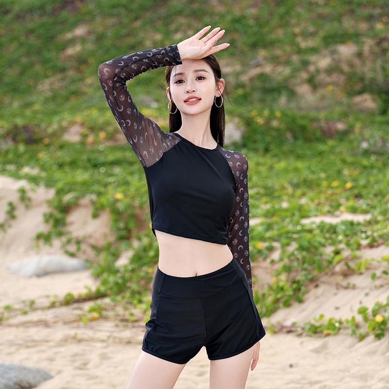 

Корейский цветной купальник с длинным рукавом и контролем живота: Стройнящий дизайн с плоскими штанинами для женщин M чёрный