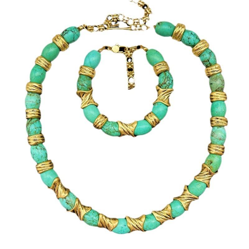 Vintage Heavy Industry Retro Natural Green Pine Temperament Versatile High End Necklace Bracelet Earnail Set