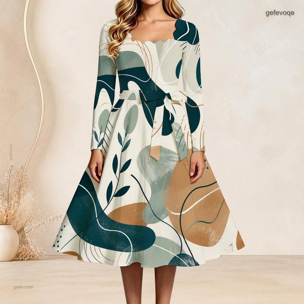 Women Plus Size Square Neck Long Sleeve Printed Tie Waist A Line Dress