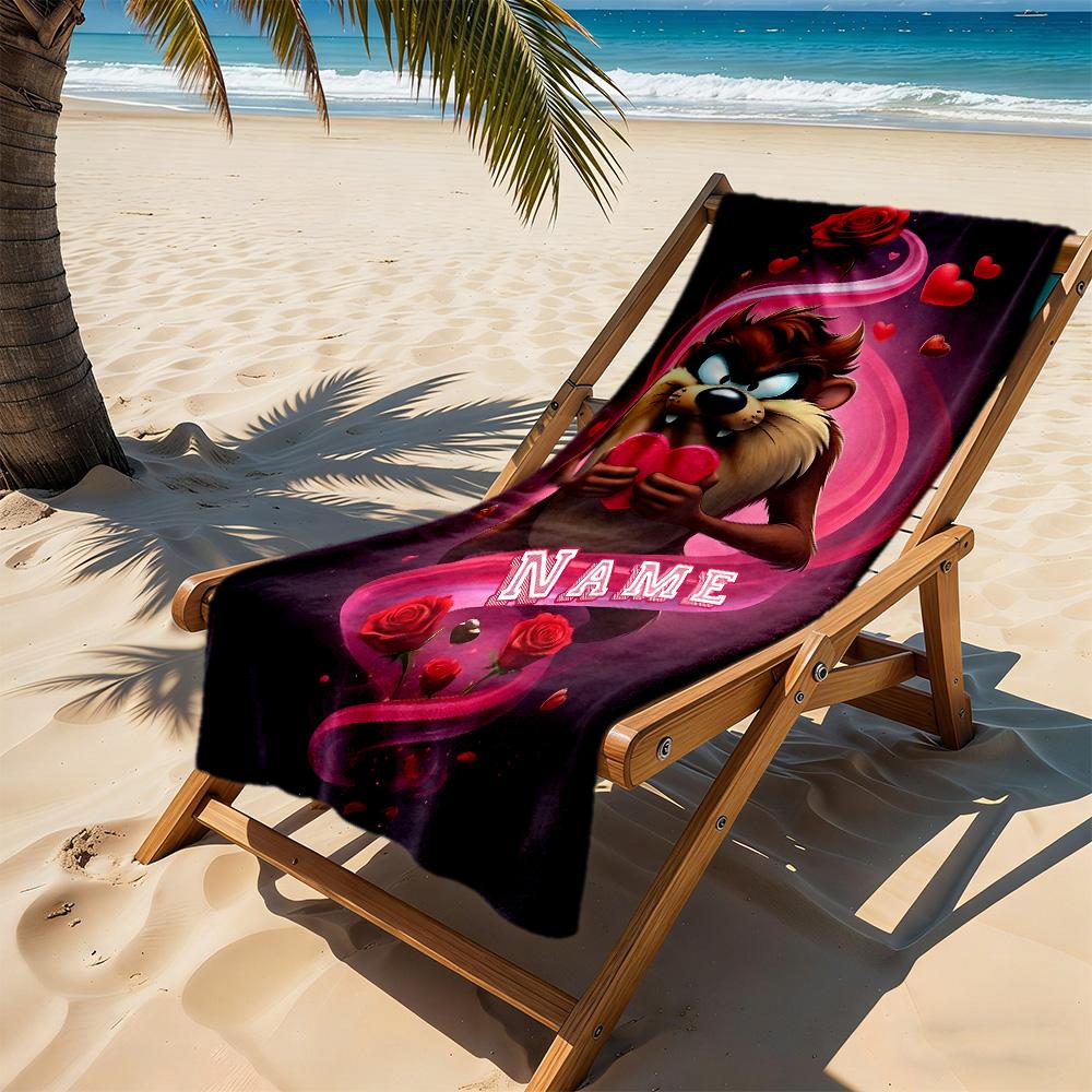 Love Tazmanian Devil Customizable Name Beach Towel Super Soft & Absorbent Perfect for Traveling Yoga Camping and Swimming