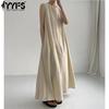 Women's Fashion Summer Spring Solid Color Print Sleeveless O-Neck Loose Waistline Casual Dresses