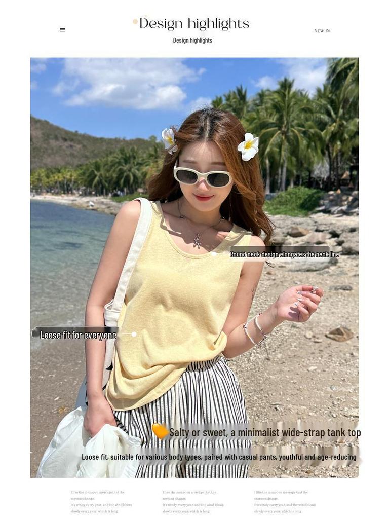 Women's Yellow Cotton-Linen Camisole: 2025 Summer Sleeveless Vest, Loose Fit Slimming Base Layer Top