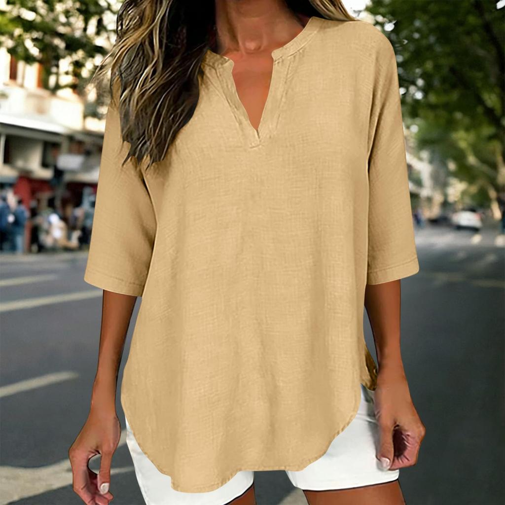 Women's Fashionable Loose-Fit -Color V-Neck Three-Quarter Sleeve Casual Top