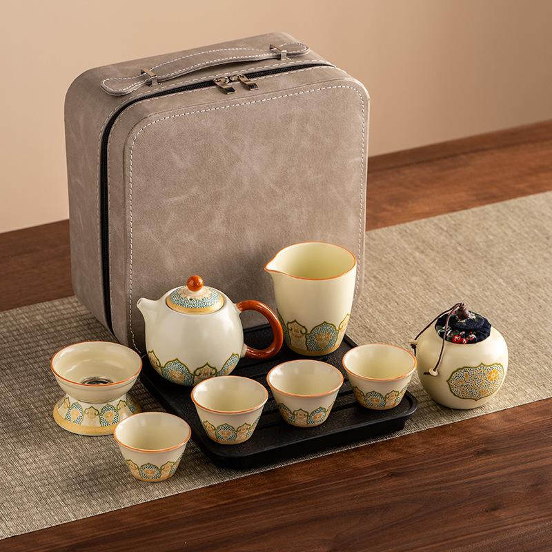 Retro high-grade Ru kiln ceramic teapot, Kung Fu tea set, teacup, tea tray, light luxury household tea making set, high-end gifts