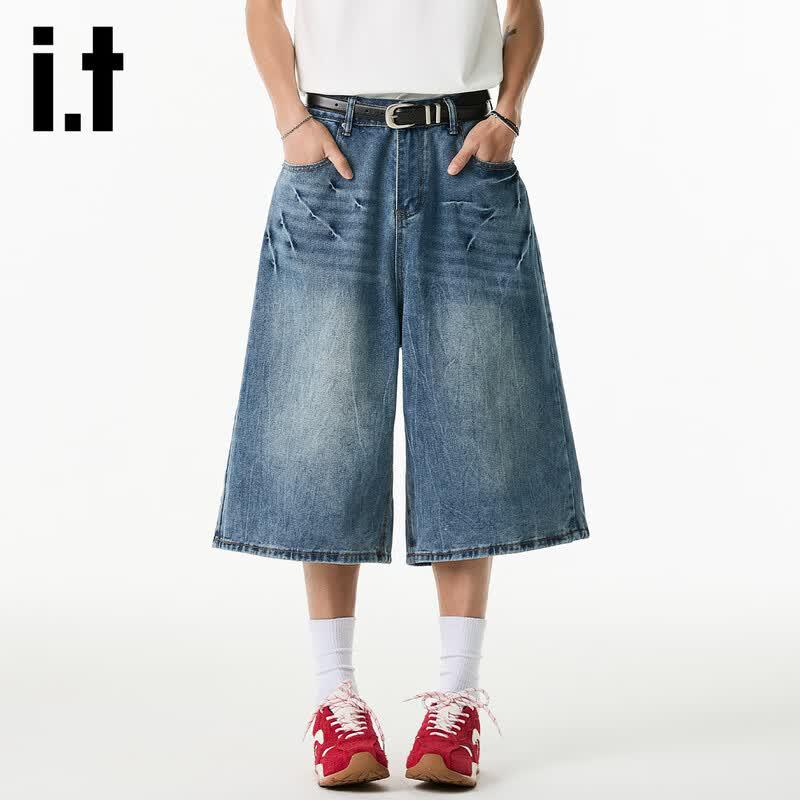 izzueit Men s Distressed Loose Fit Denim Capri Shorts XL синий