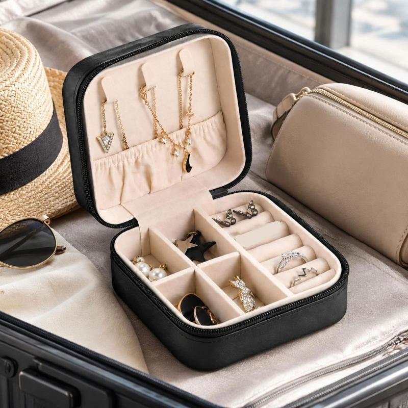 Zippered Leather-Material Jewelry Storage Case with Lid Hooks, Interior Pocket, Ring Rolls, and Removable Dividers