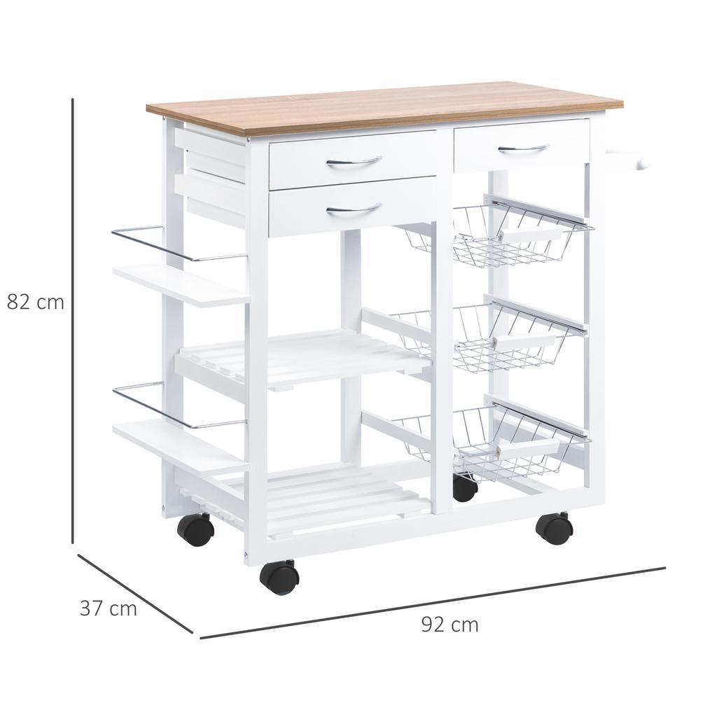 Kitchen Trolley, Serving Cart, Drawers, Baskets, Towel Rack, Wheels, 92 x 37 x 82 cm, White