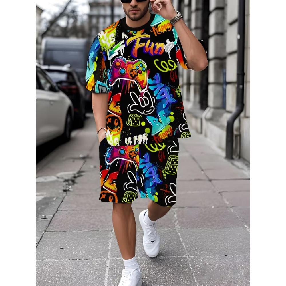 Bunte Graffiti 3D-Druck Trainingsanzüge Herren Damen Lässige Kurzarm-T-Shirt-Shorts-Sets 2 Teile Sportbekleidung Anzüge Herrenbekleidung