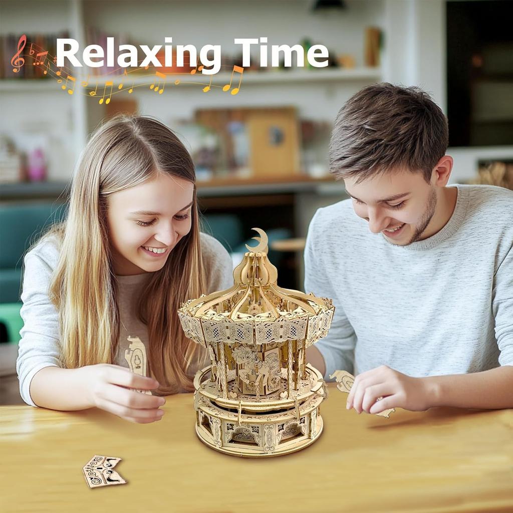3D Wooden Puzzles for Adults - DIY Wooden Music Box, Merry-go-Round Model Kit - 274 Pieces Wooden Jigsaw - Brain Teaser - Birthday Gift for Boys and
