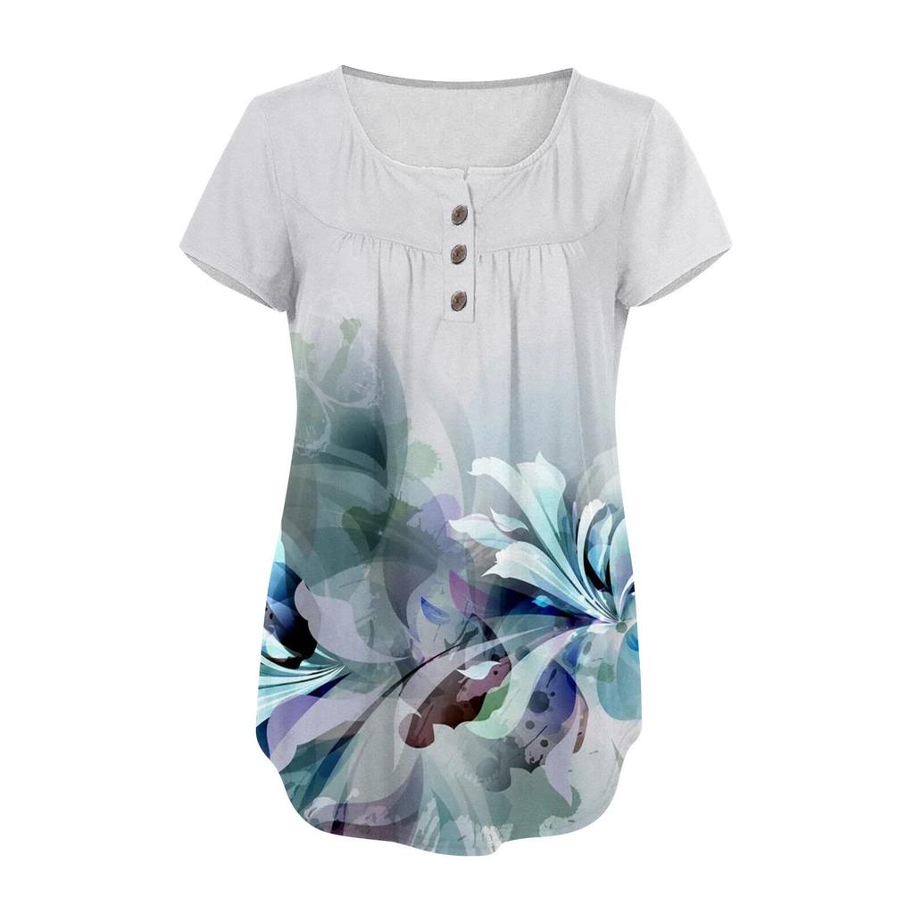 Tunica a maniche corte da donna T-shirt larghe T-shirt casual taglie forti Tunica a pieghe Bottoni T-shirt floreali estive casual per le donne
