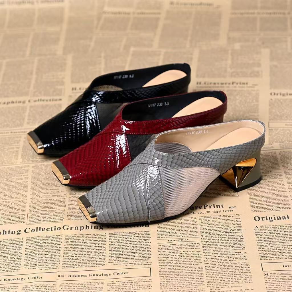 New Bag Head Half Slippers Women's Summer New Fashion Iron Head Thick Heel Comfortable Versatile High Heel Outside Sandals